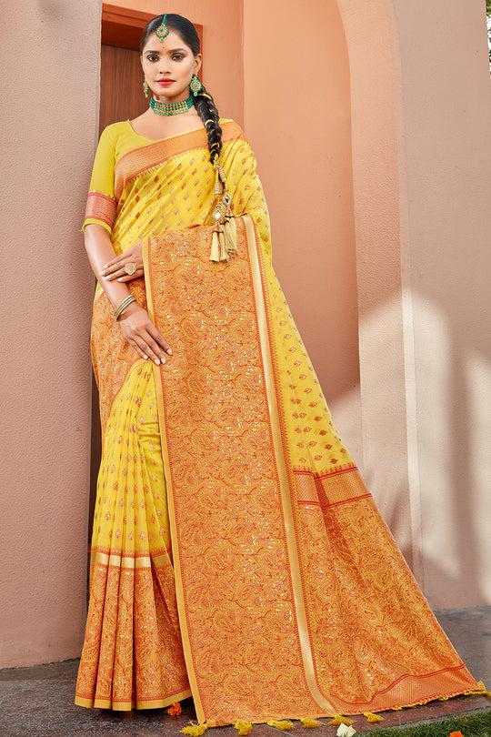 Lemon Yellow Banarasi Saree