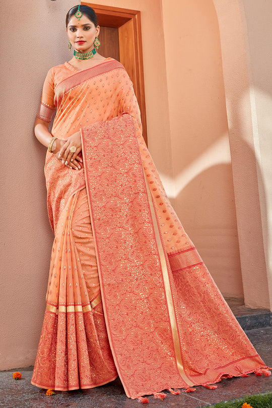 Cantaloupe Peach Banarasi Saree
