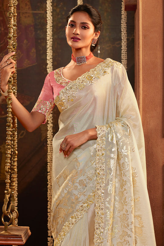 Off White Viscose Silk Saree