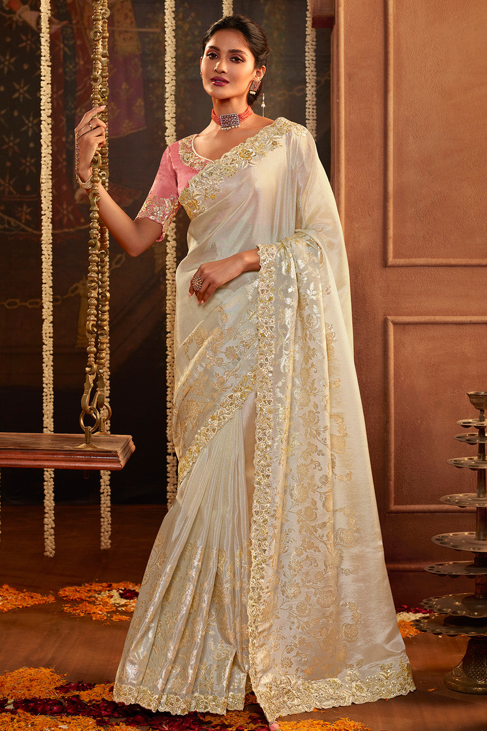 Shop Off White Embroidered Organza Saree with Blouse Online in USA – Pure  Elegance