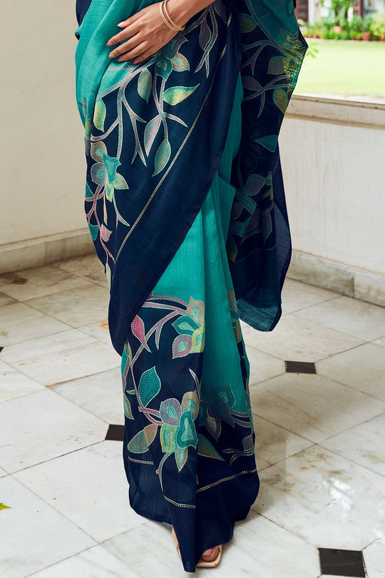 Turquoise Green Digital Print Saree