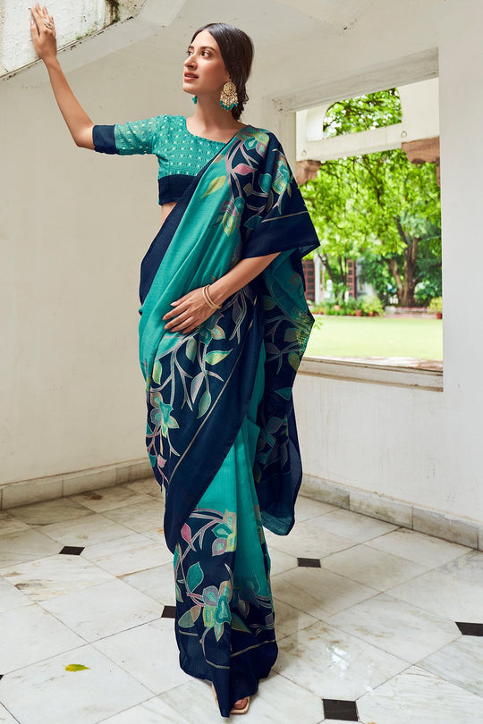 Turquoise Green Digital Print Saree