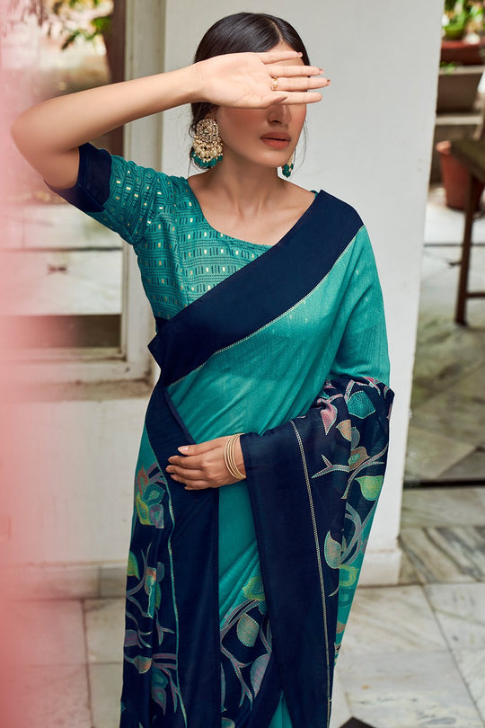 Turquoise Green Digital Print Saree