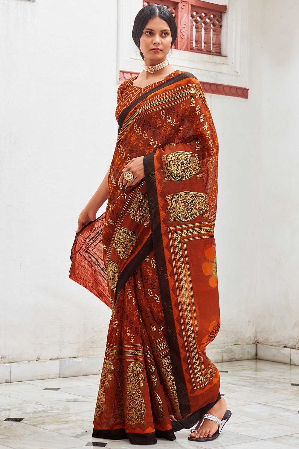Buy Ginger Rust Digital Print Saree online-Karagiri
