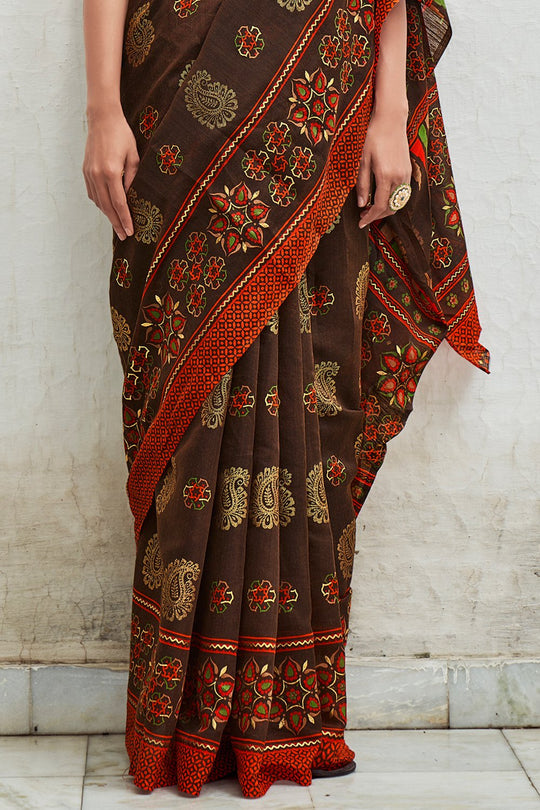 Dark Brown Digital Print Saree
