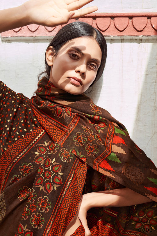 Dark Brown Digital Print Saree