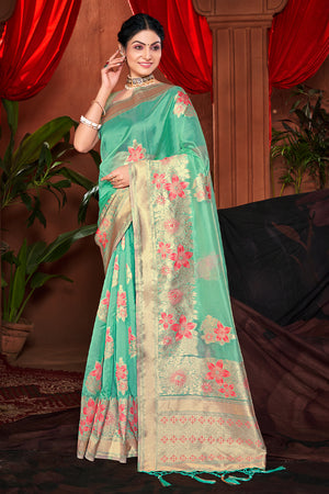 Turquoise Green Banarasi Silk Saree