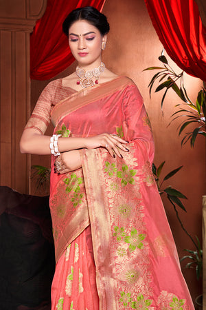 Coral Red Banarasi Silk Saree