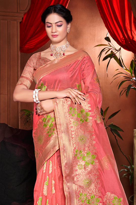 Coral Red Banarasi Silk Saree