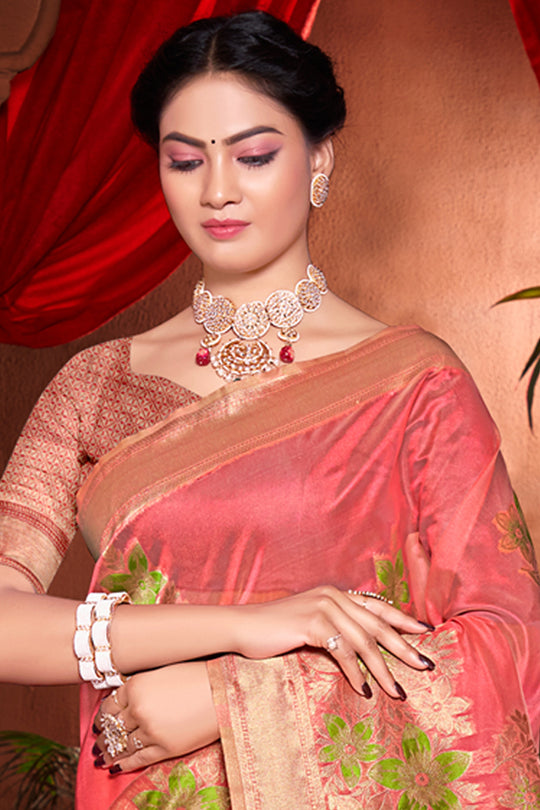 Coral Red Banarasi Silk Saree