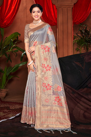 Coin Grey Banarasi Silk Saree