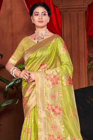 Lime Green Banarasi Silk Saree