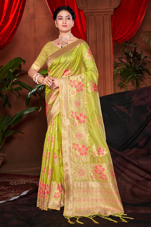 Lime Green Banarasi Silk Saree