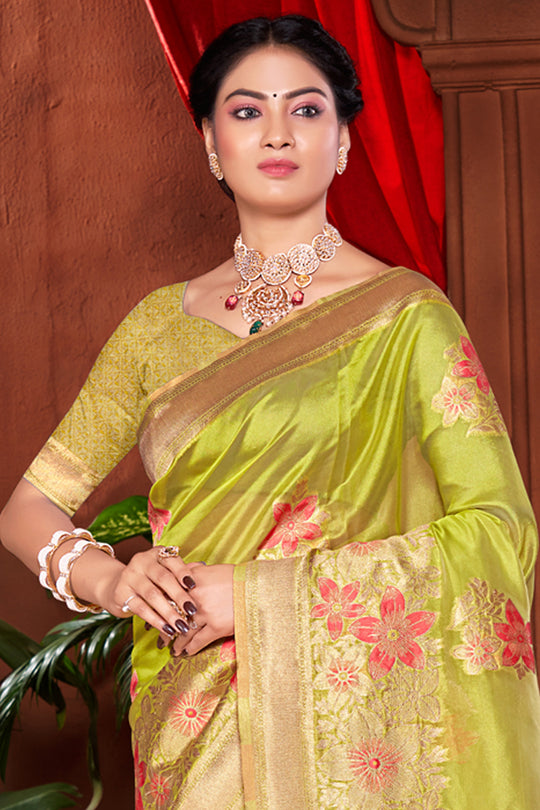 Lime Green Banarasi Silk Saree