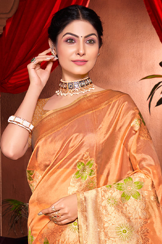 Apricot Orange Banarasi Silk Saree