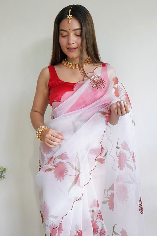 White And Pink Organza Saree