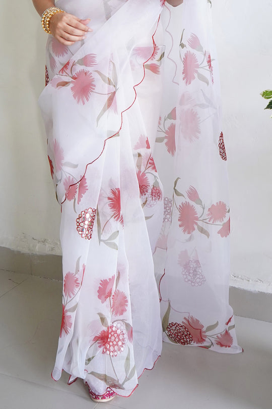 White And Pink Organza Saree