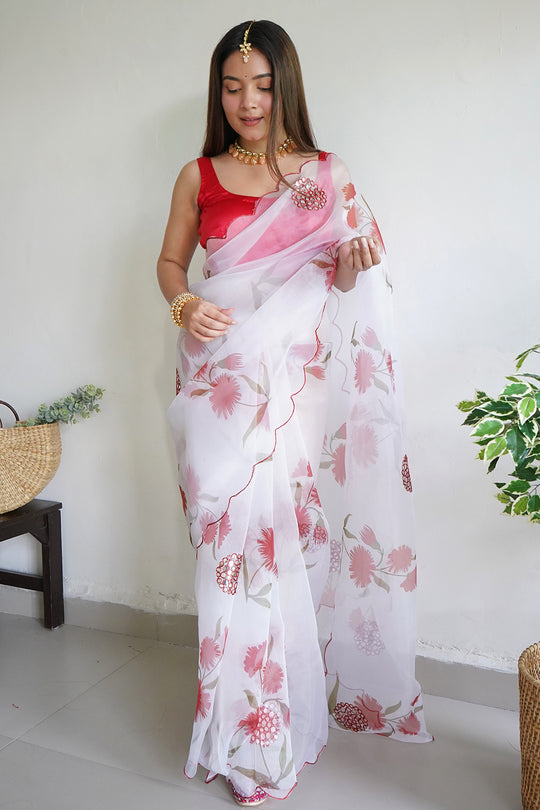 White And Pink Organza Saree