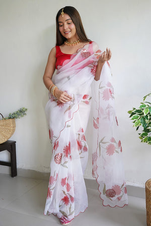 White And Pink Organza Saree