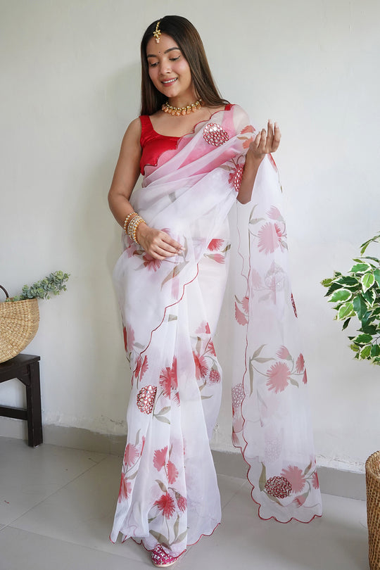 White And Pink Organza Saree