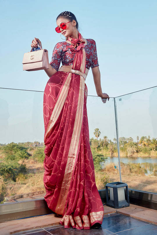 Taffy Red Chiffon Saree