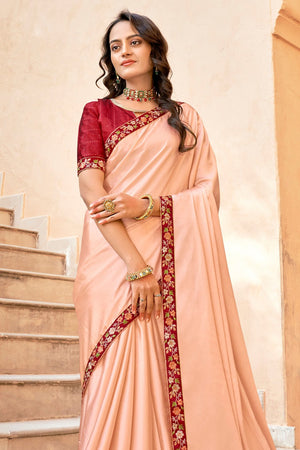 Peach And Red Satin Saree