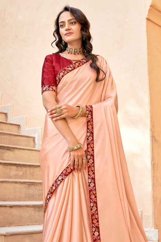 Peach And Red Satin Saree