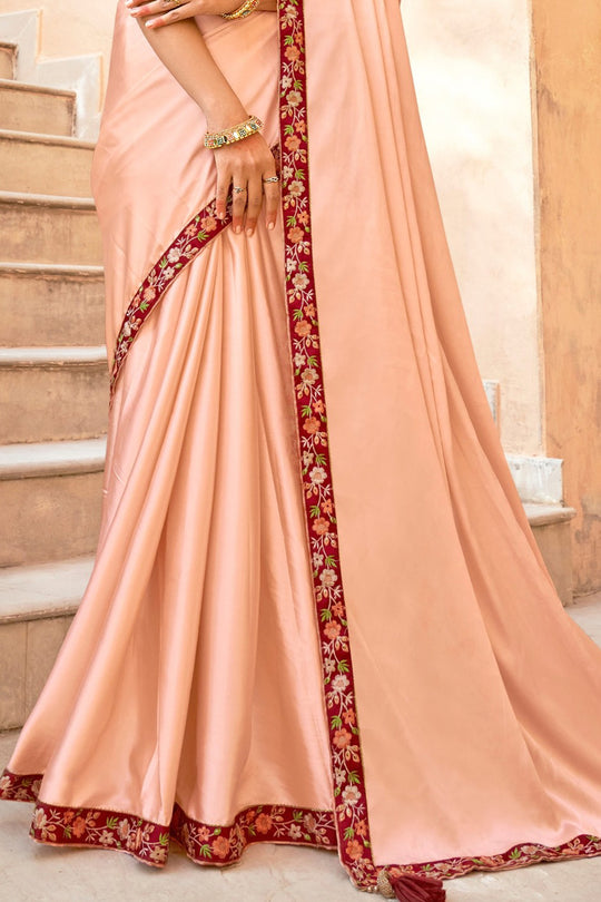 Peach And Red Satin Saree
