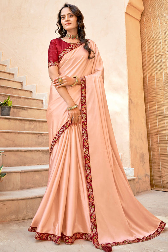 Peach And Red Satin Saree