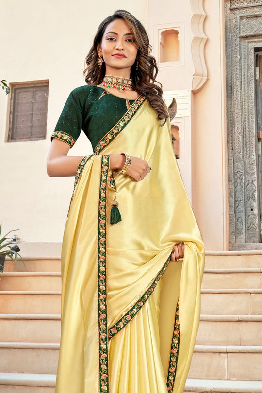 Yellow And Green Satin Saree