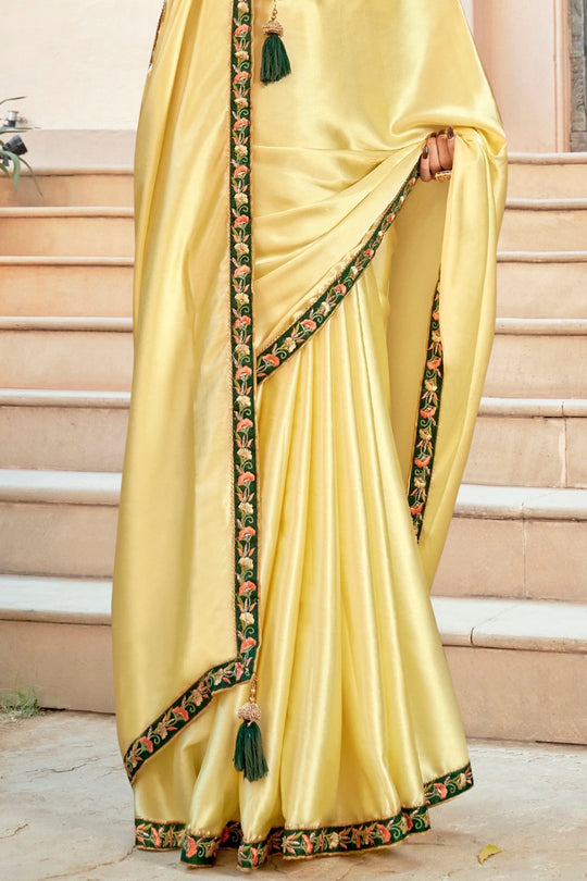 Yellow And Green Satin Saree