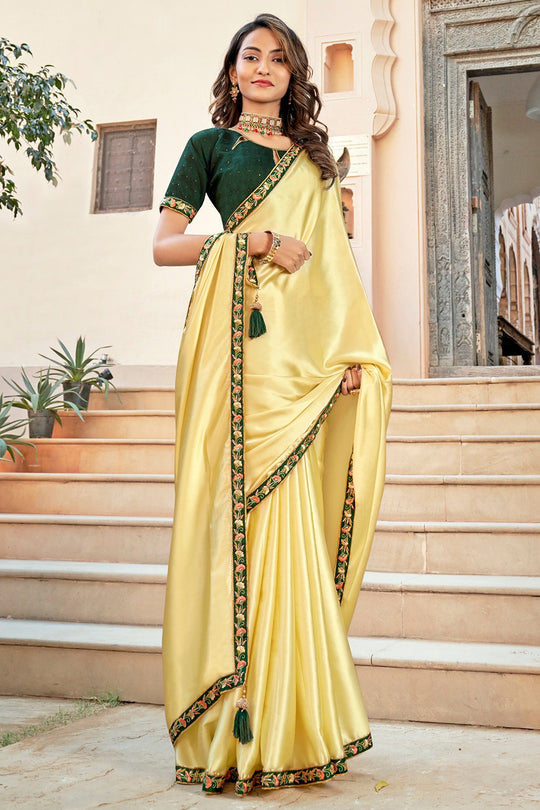 Yellow And Green Satin Saree
