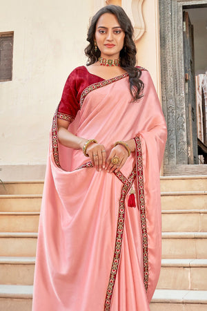 Pink And Red Satin Saree