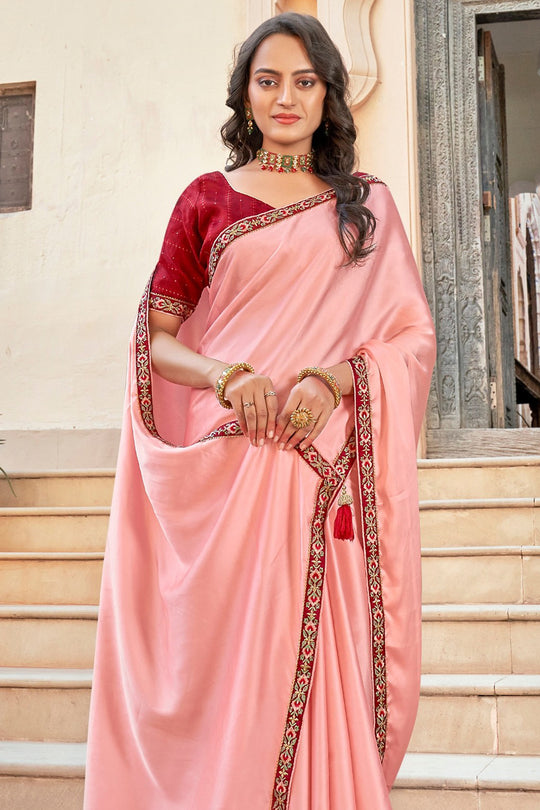 Pink And Red Satin Saree
