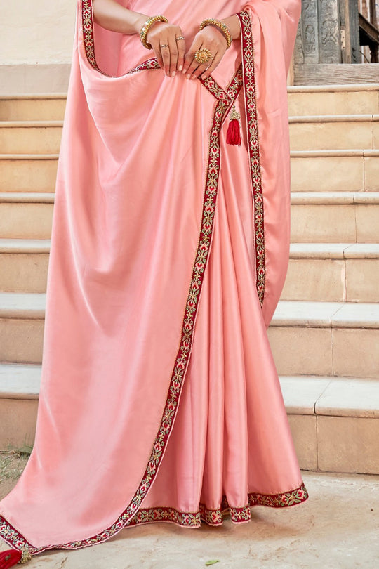 Pink And Red Satin Saree