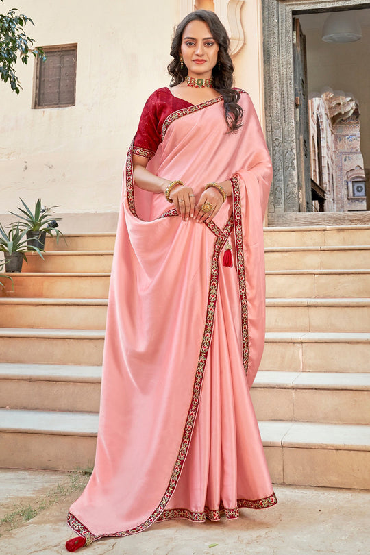 Pink And Red Satin Saree