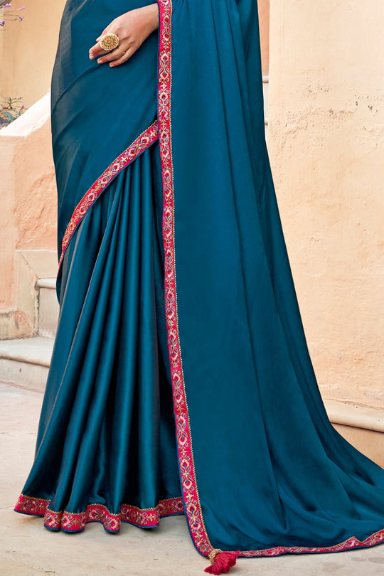 Blue And Red Satin Saree