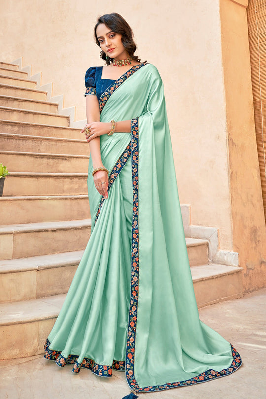 Green And Blue Satin Saree