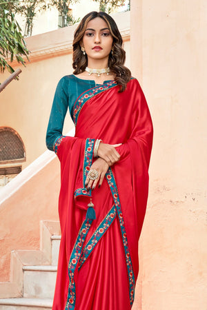 Red And Blue Satin Saree