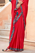 Red And Blue Satin Saree