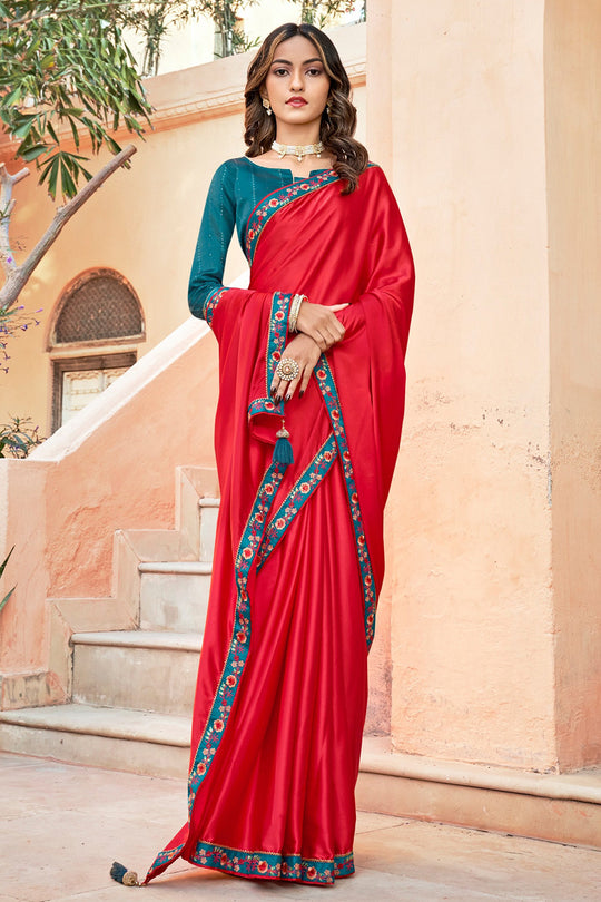 Red And Blue Satin Saree
