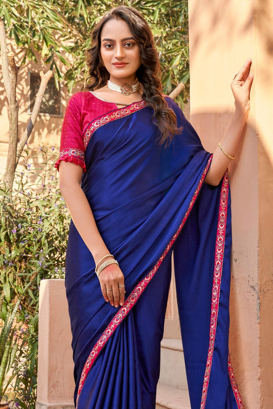 Navy Blue Satin Saree