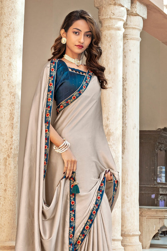 Tan Beige And Blue Satin Saree