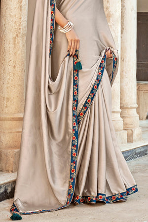 Tan Beige And Blue Satin Saree