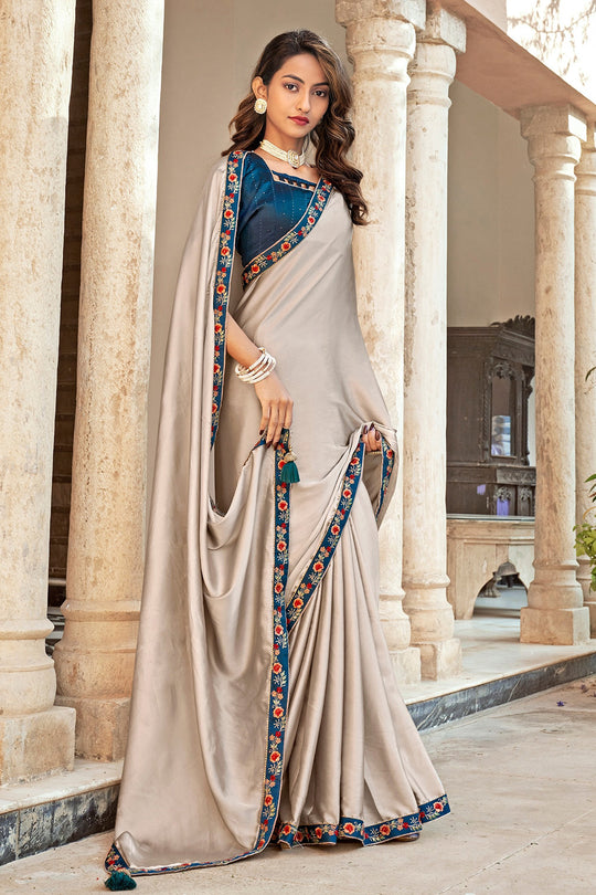 Tan Beige And Blue Satin Saree
