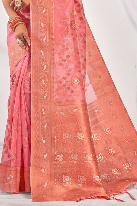 Flamingo Pink Organza Saree