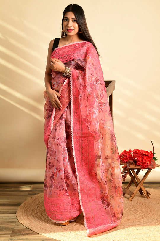 pink organza saree
