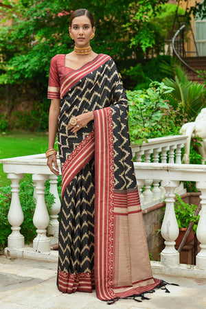 Black And Red Raw Silk Saree