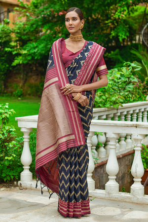 Blue And Red Raw Silk Saree