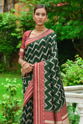 Bottle Green And Red Raw Silk Saree